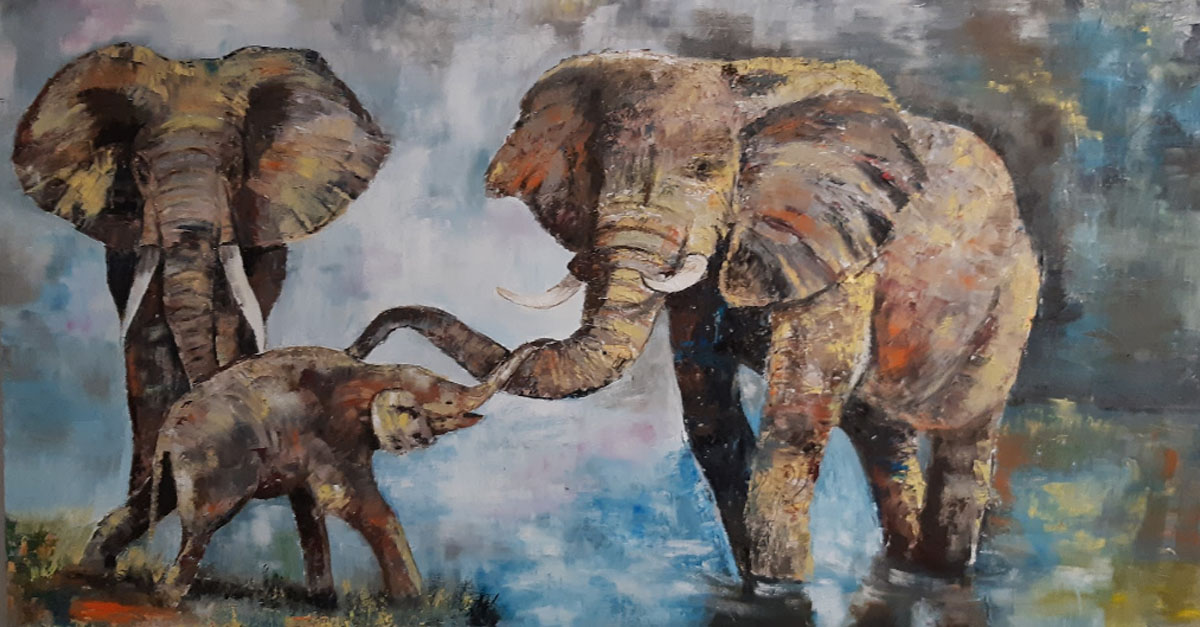 Peinture à l'huile, trois elephants dans la nature